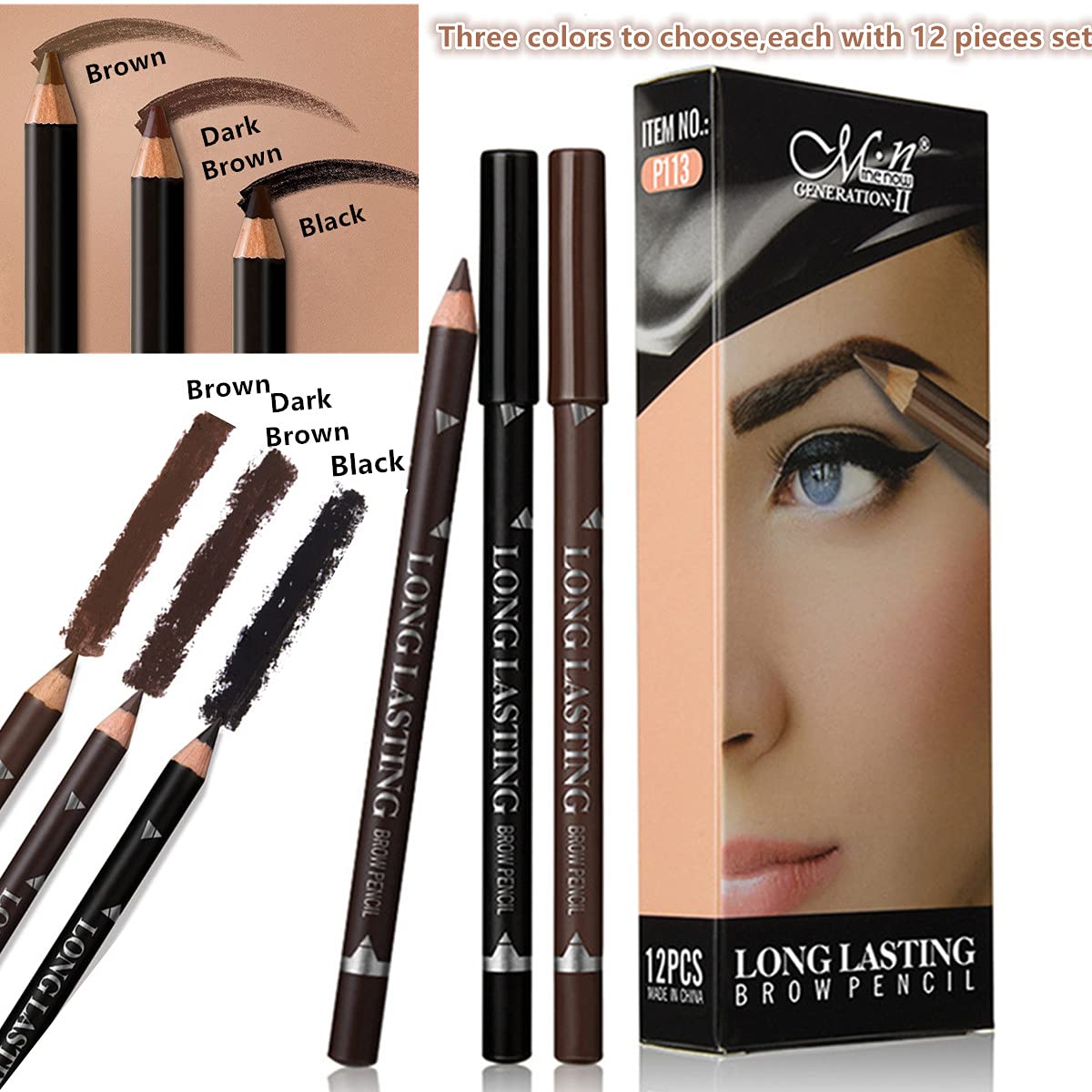 Go Ho 12 PCS Dark Brown Eyebrow Eyeliner Pencils,Sweatproof Eyebrow Pencil,Long-lasting Nice Color Eye Brow Gel Pen Makeup Brow Tint Sticks（Dark Brown）
