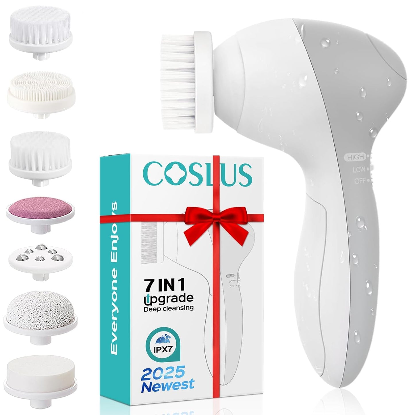 COSLUS Facial Cleansing Brush Silicone Face Scrubber: 7 in 1 FBS-D Electric Exfoliating Rotating Massage Device Waterproof Deep Cleaning Exfoliation Spa Machine - Electronic Skin Care Wash System