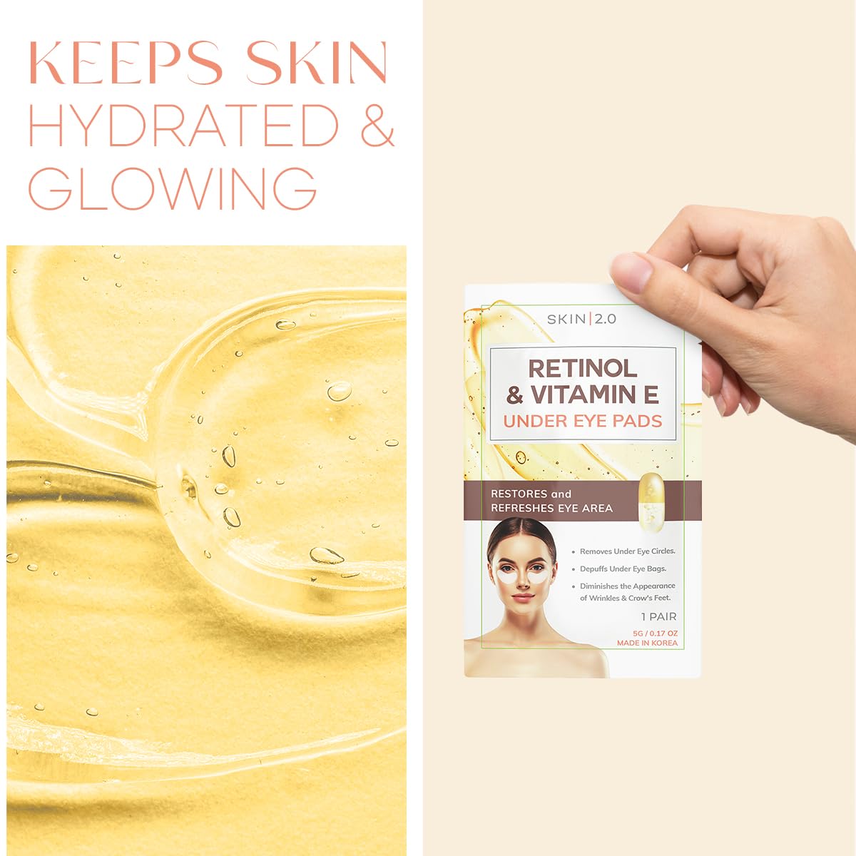 Retinol and Vitamin E Under Eye Patches - Reduce Wrinkles & Fine Lines, Dark Circles, Eye Bags, Depuffing Under Eye Pads - Cruelty Free Korean Skin Care For All Skin Types - 5 Pairs