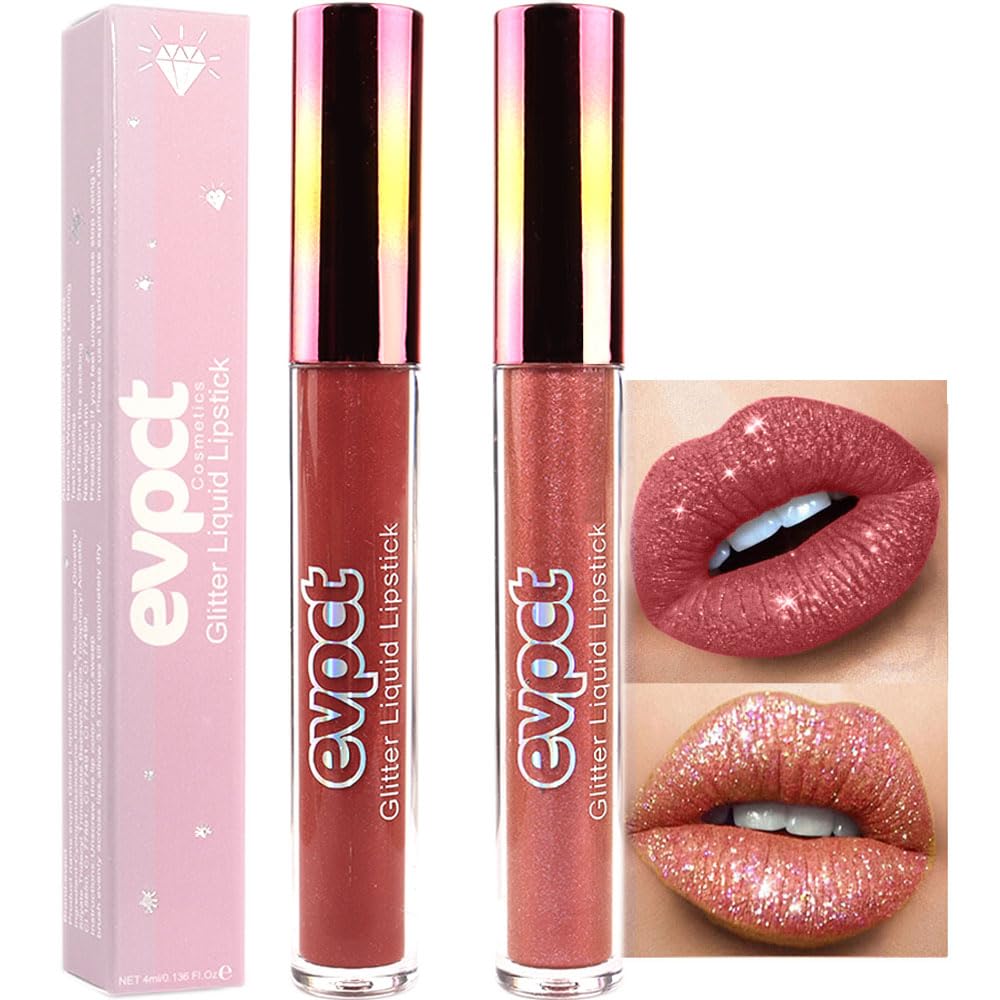 evpct 2Pcs Mauve Red & Bronze Gold Matte to Glitter Liquid Lipstick Long Lasting Lip Set Kit for Women Diamond Shiny Glitter Sparkly Glossy Metallic Shimmer Sparkle Waterproof Lipstick Lip Gloss 02+05