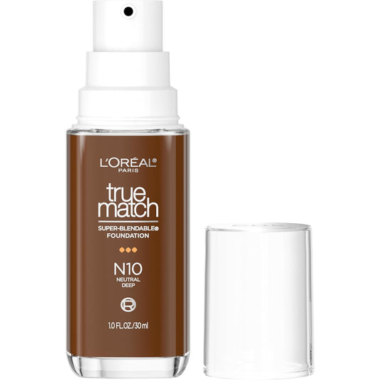 L'Oreal Paris True Match Super-Blendable Foundation, Medium Coverage Liquid Foundation Makeup, N10, Deep, 1 Fl Oz | alldaygood beauty