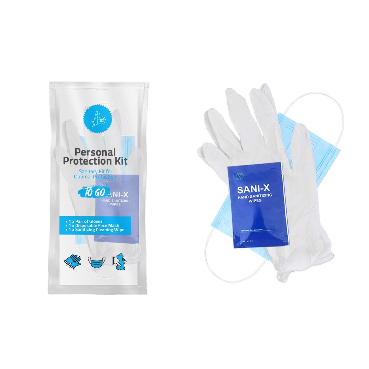 All-in-One Personal Protection Kits to GO - 10 Pack - With Plastic Gloves, Hand Cleansing Wipes, Disposable Face Mask