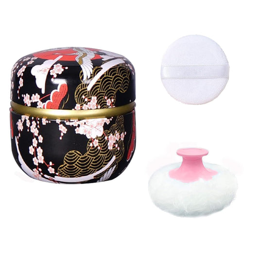 Body Powder Puff and Container for Dusting Powder, Women Powder Puff and Powder Case for Bath and Travel (Crane Black)
