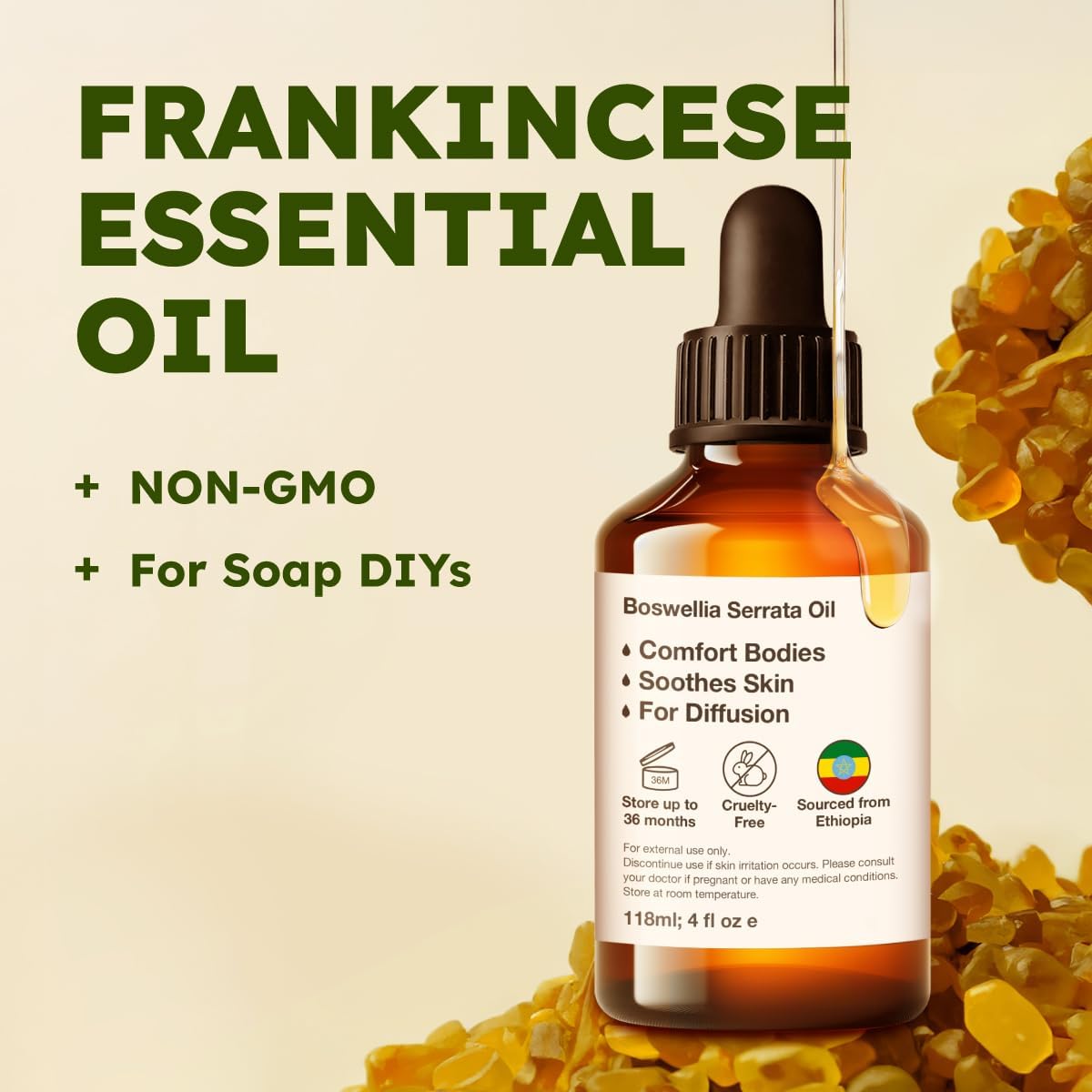Kukka Frankincense Essential Oil for Face & Skin - 4 Fl Oz - Frankincense Oil Made from Ethiopia Resin - A Holy & Woody Scent for Body Comfort, Aromatherapy, DIY Soap Making Scents