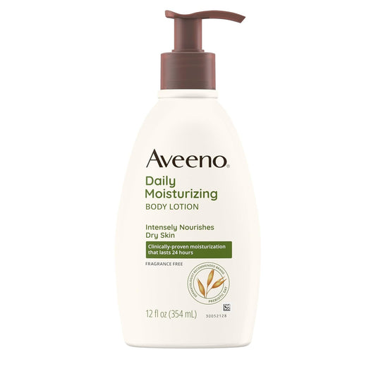 Aveeno Daily Moisturizing Body Lotion with Soothing Prebiotic Oat, Gentle Lotion Nourishes Dry Skin With Moisture, Paraben-, Dye- & Fragrance-Free, Non-Greasy & Non-Comedogenic, 12 fl. Oz | alldaygood beauty