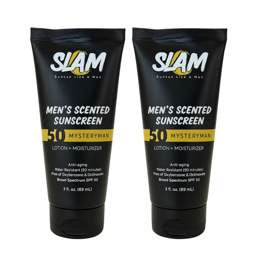 SLAM MysteryMan Men's Sunscreen Lotion SPF 50 & Moisturizer – Face & Body Sun block, Anti-Aging, Water-Resistant, Hawaii Act 104 Safe, Skincare for Men, Scented – 3 fl oz. Double pack. | alldaygood beauty
