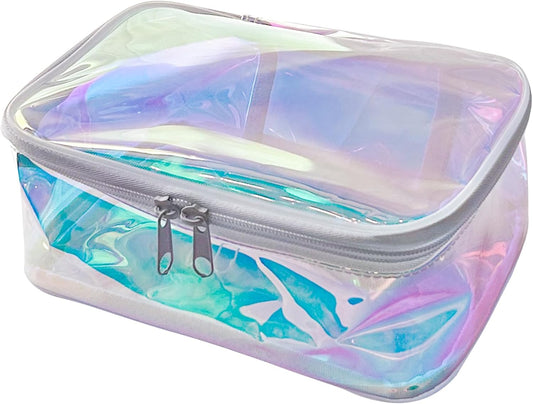 TPU Holographic Clear Makeup Bags Bulk,Clear Storage Bag Toiletry Pocket Portable Zippered Iridescent Pouch Waterproof Cosmetic travel Bags with white zipppe for Women