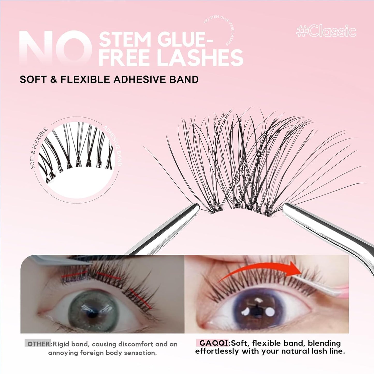 GAQQI Self Adhesive Eyelash Clusters, Volume No Glue Lashes 10-16mm, No Band Self Adhesive Lash Clusters 120pcs, Press On Lashes Invisible Band, With Lash Tweezer (CLASSIC)