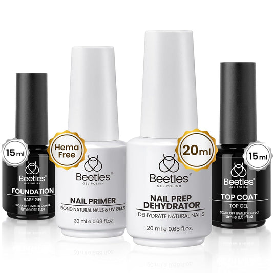 Beetles 4 Pcs 15ml Base Gel and Top Coat Kit with 20ml Nail Dehydrator and Primer, Professional Nail Prep Acid-Free & Hema-Free Dehydrate Bond Primer Set for Acrylic Nail Manicure Gift for Women | alldaygood beauty