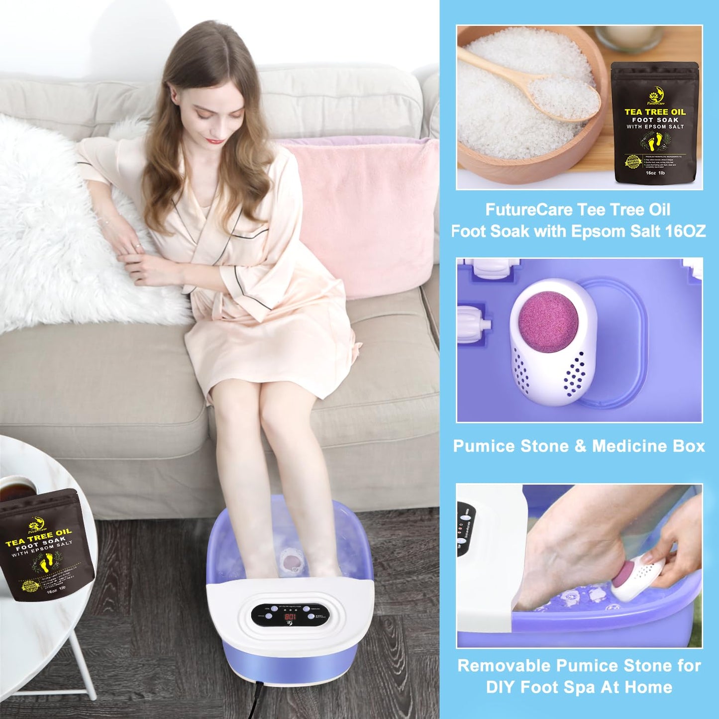 Foot Spa Bath Massager with Heat Bubbles and Vibration Massage and Jets, 16 OZ Tea Tree Oil Foot Soak Epsom Salt, Foot Soaker with Red Light, 22 Massage Rollers, Adjustable Temp -Purple