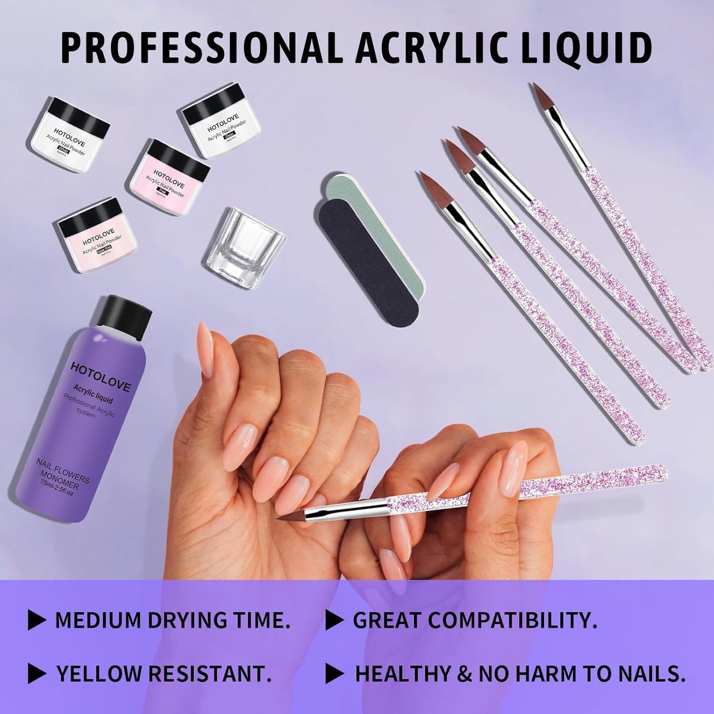 Acrylic Nail Kit, 75ml Acrylic Liquid Monomer with 4 Colors Powder and 5PCS Nail Brush for Nail Extension Carving Manicure French Fake Tips Art for Home DIY Salon