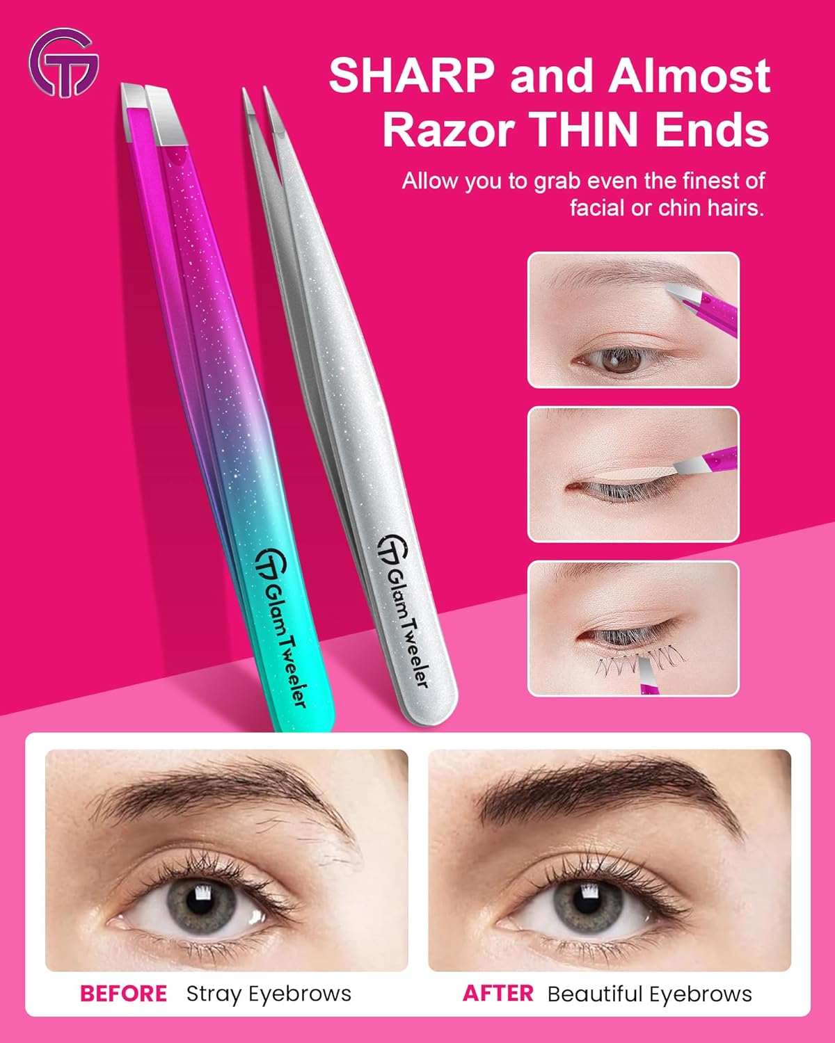 Expert Slant and Point Tip Tweezer Set with Exclusive Travel Case, GlamTweeler Sharp & Precision Tweezer Set for Eyebrows, Facial Hairs & Fine Hairs Removal (Sparkle Purple & Turquoise + Silver)