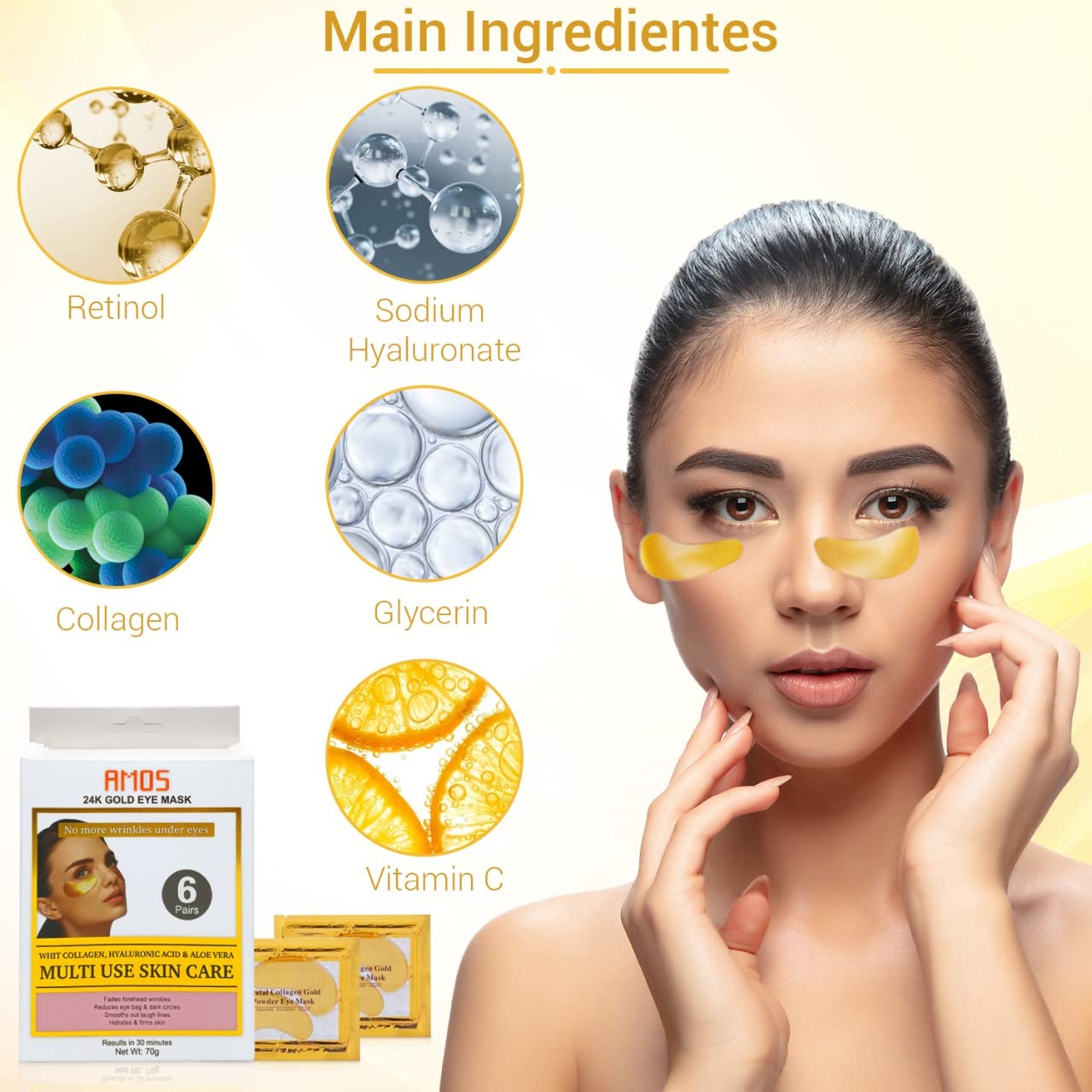 24K Gold Eye Masks for Dark Circles and Puffiness (6 Pairs) with Collagen, Aloe Vera & Hyaluronic Acid-Anti-Aging Under Eye Patches for Dark Circles and Puffiness-Reduce Wrinkles