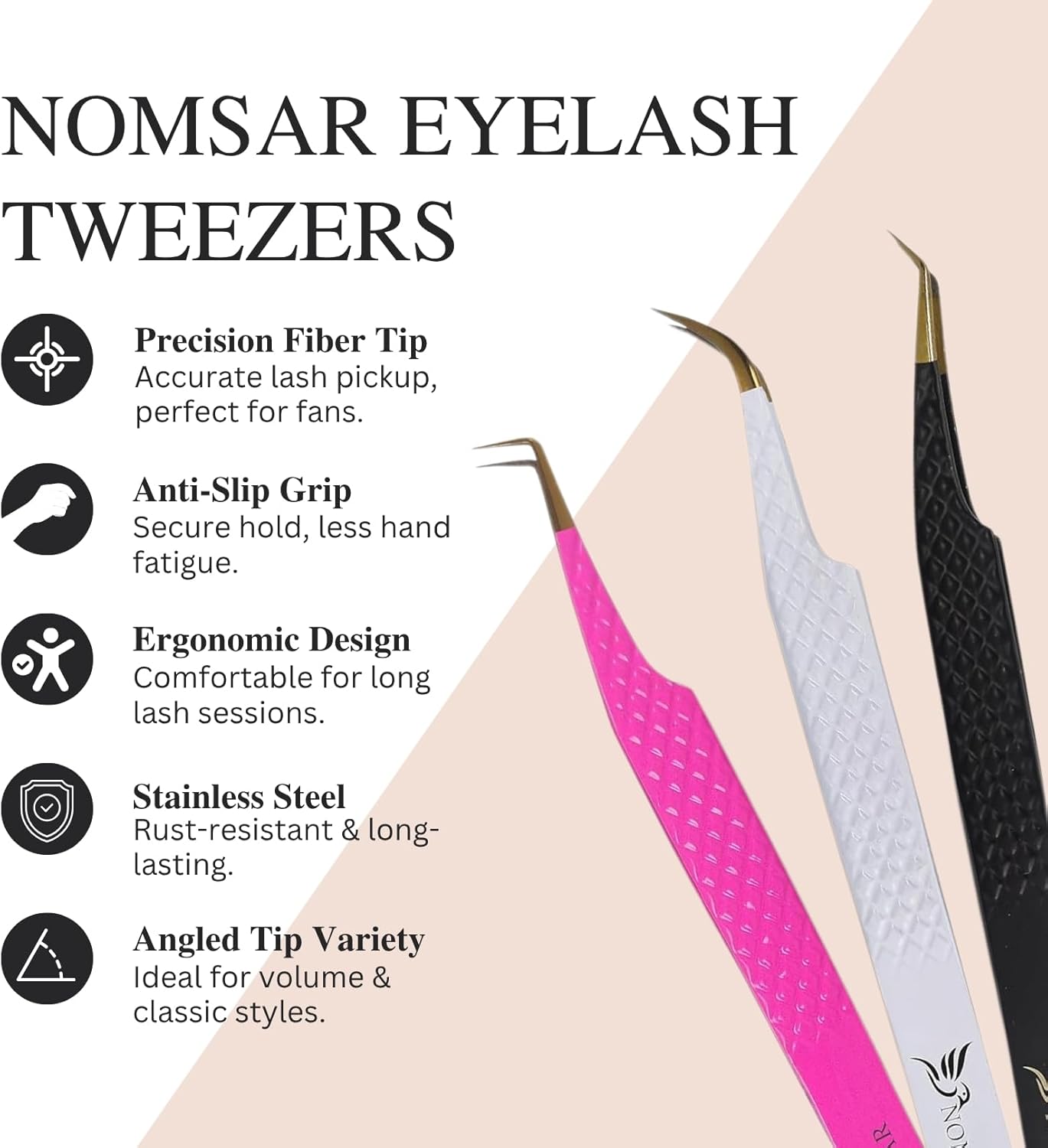Eyelash Extensions Tweezers, Set of 3 - Stainless Steel with Diamond Grip for Volume lash Extension - Fiber Tip Tweezers for Multipurpose & Application (White)