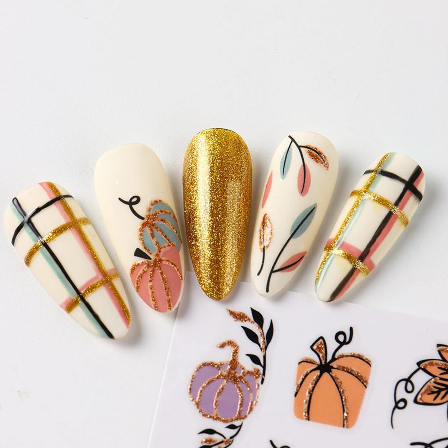 Fall Nail Stickers Maple Leaf Shiny Pumpkins Nail Decals 6PCS Self-Adhesive Autumn Leaves Cute Design Nail Art Stickers Supplies Holiday DIY Manicure Accessories for Women Nail Art Decorations