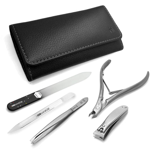 GERMANIKURE 5pc Manicure Set in Leather Case - FINOX Stainless steel tools handmade in Solingen Germany – Professional Nail and Cuticle Care Travel Implements | alldaygood beauty