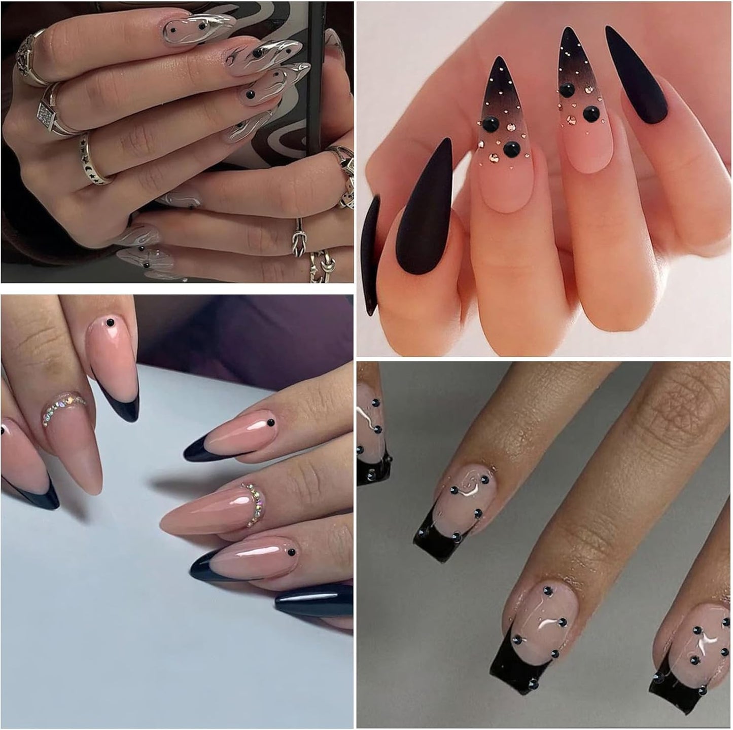 Nail Art Pearls with Rhinestones Glue Gel Flatback Pearls Nail Charms Luxurious Nails Supplies Accessories Gold Silver Gems Jewelry Pearl for Women Nails Design(Black)