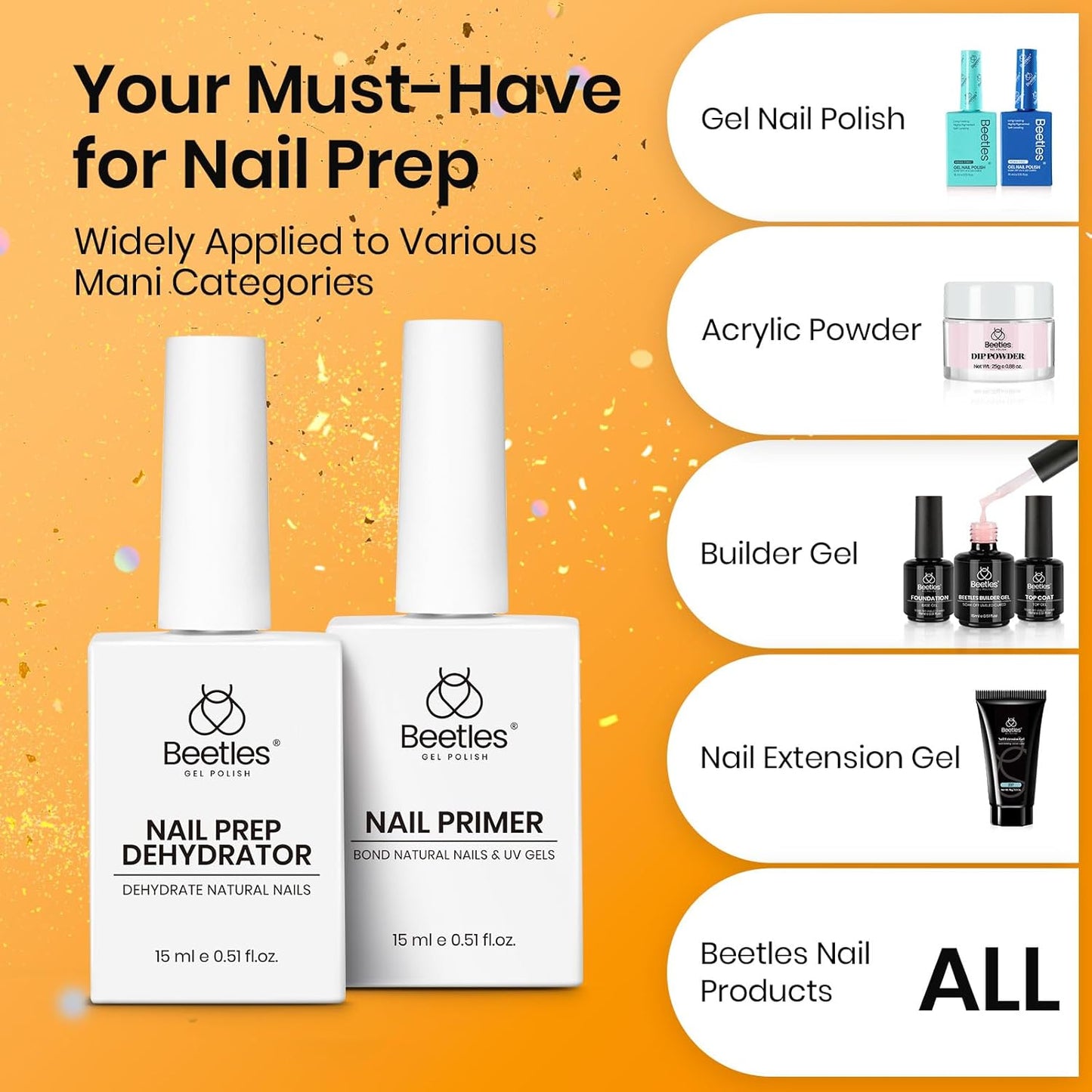 Beetles 4 Pcs 15ml Gel Top Coat and Base Coat Set with Nail Dehydrator and Primer Professional Nail Prep Acid-Free & Hema-Free Dehydrate Bond Primer Set for Acrylic & Gel Nail Polish Fall Nail Gifts