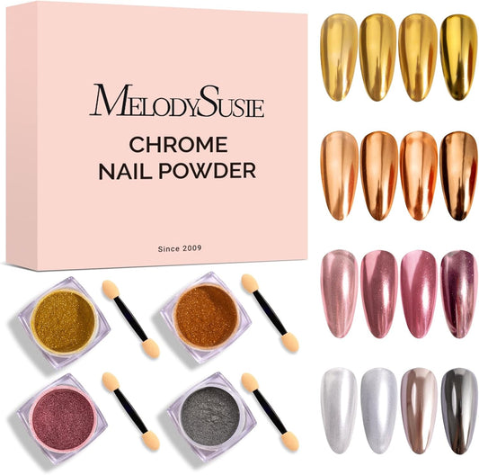 MelodySusie 4Pcs Chrome Nail Powder for Gel Nails,Metallic Mirror Effect Pigment Stylish and Technological Fine Glitter for Home DIY Salon Use | alldaygood beauty