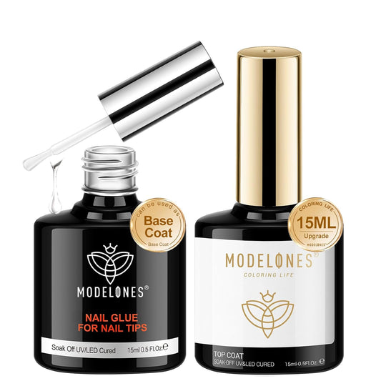 modelones Gel Nail Glue 9 in One Base Gel and No Wipe Top Coat Set 2Pcs for Gel Nail Polish Adhesive Nail Extension Gel Rhinestone Glue Nail Art LED Need 15ml | alldaygood beauty