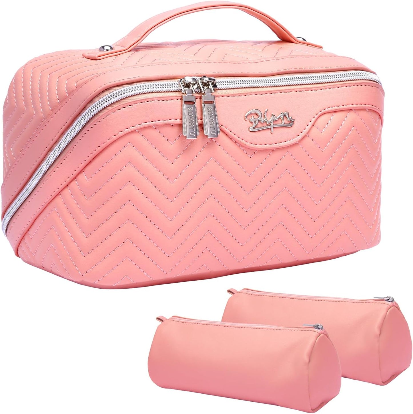 Travel Makeup Bags Cosmetic Organizer Bag: Quilted Make up Bag Set of 3 - PU Leather Toiletry Bags for Women - Portable Makeup Organizer with Compartments & Handle & Divider (14-Pink)