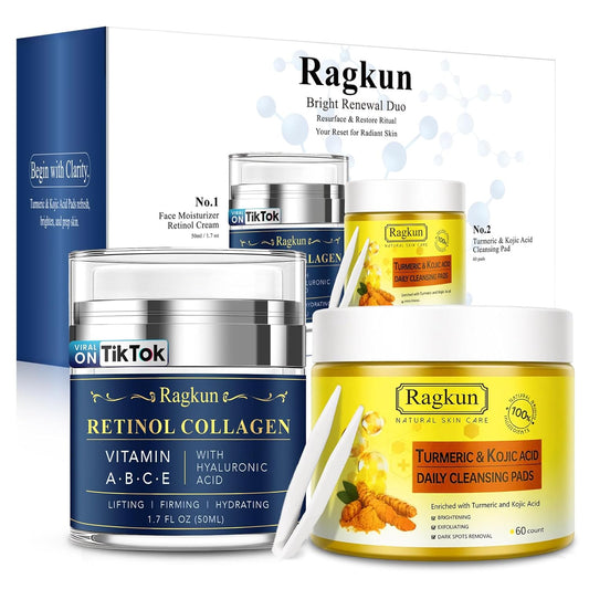 Retinol Cream for Face, Collagen Neck Creams for Tightening and Firming, Anti Aging Facial Moisturizer for Women & Men, and Turmeric & Kojic Acid Pads