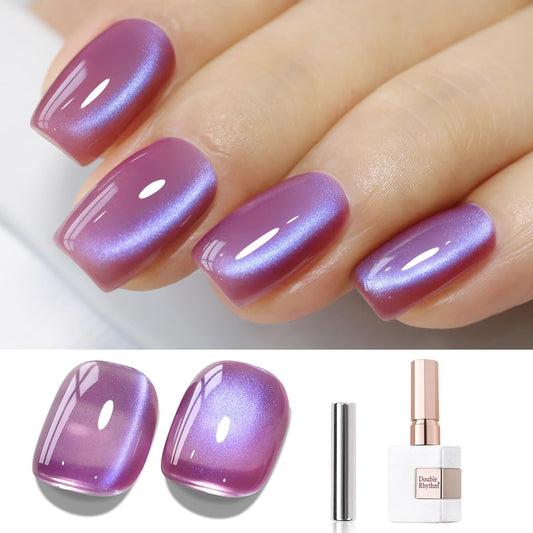 Double Rhythm 15ML Ice Glass Cat Eye Gel Polish with Magnet Holographic Glitter Shimmer Translucent Sheer Color Salon Soak Off Magnetic Nail at Home (Rose Violet-MC1131) | alldaygood beauty