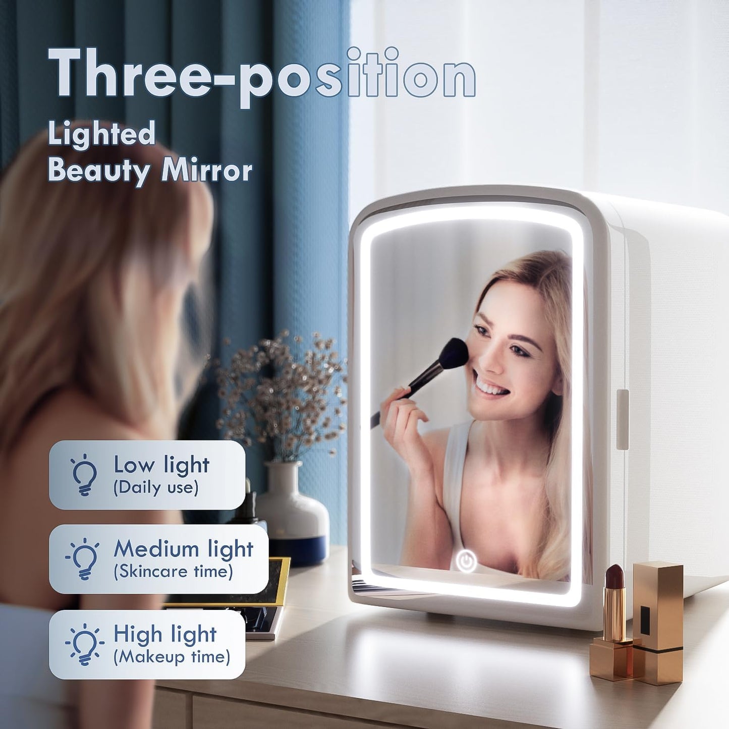 4L Mini Skincare Fridge with Dimmable LED Mirror, Portable Beauty Refrigerator for Makeup, Cosmetic, Personal Small Refrigerator with Cooler and Warmer for Bedroom, Office and Car(Pearl White)
