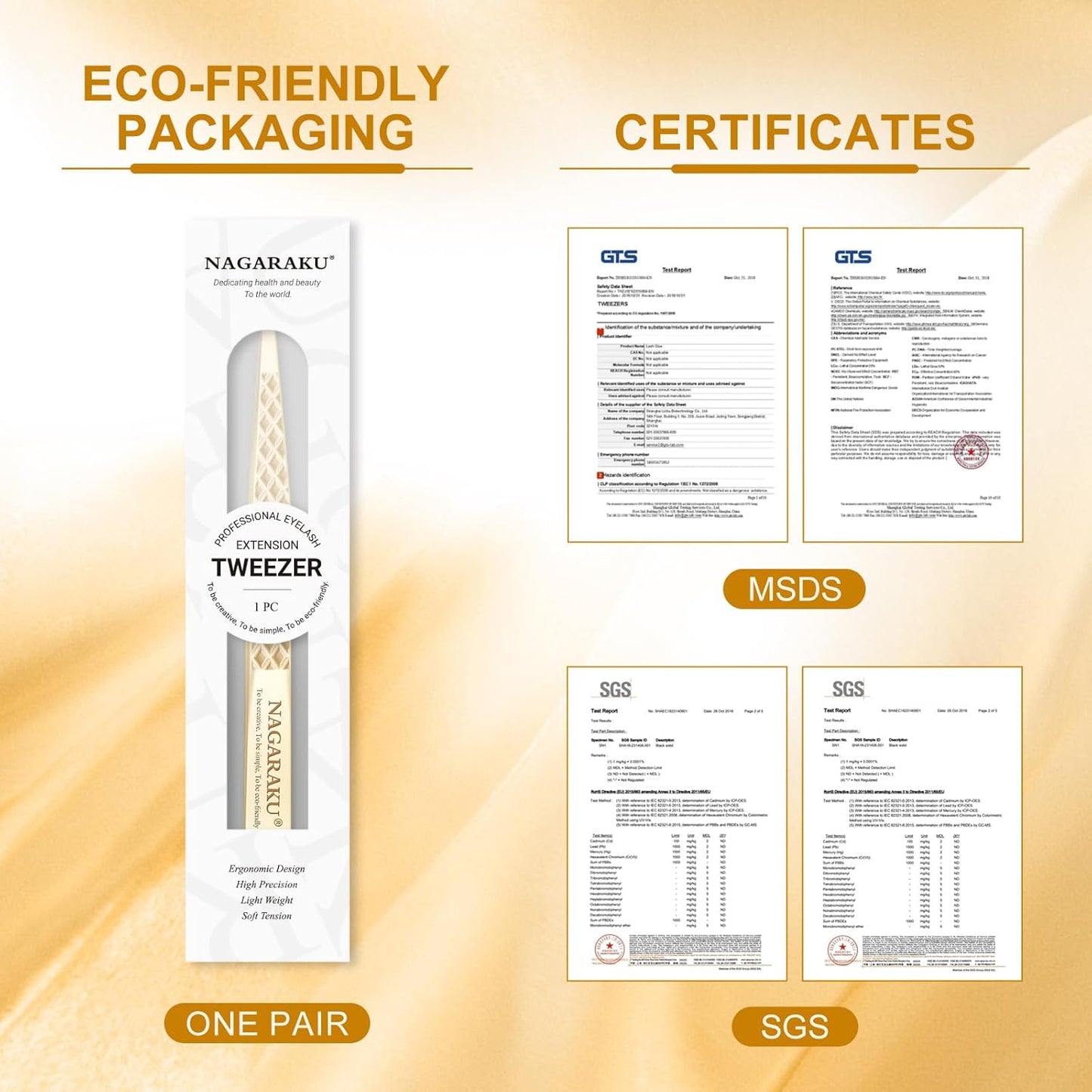 NAGARAKU Eyelash Tweezers, Precision Fiber Tip Tweezer for Eyelash Extensions Diamond Grip Anti-Static Anti-Slip Premium Gold Stainless Steel Pointed Eyelashes Tweezers with Box -Curved Tweezer AG-06