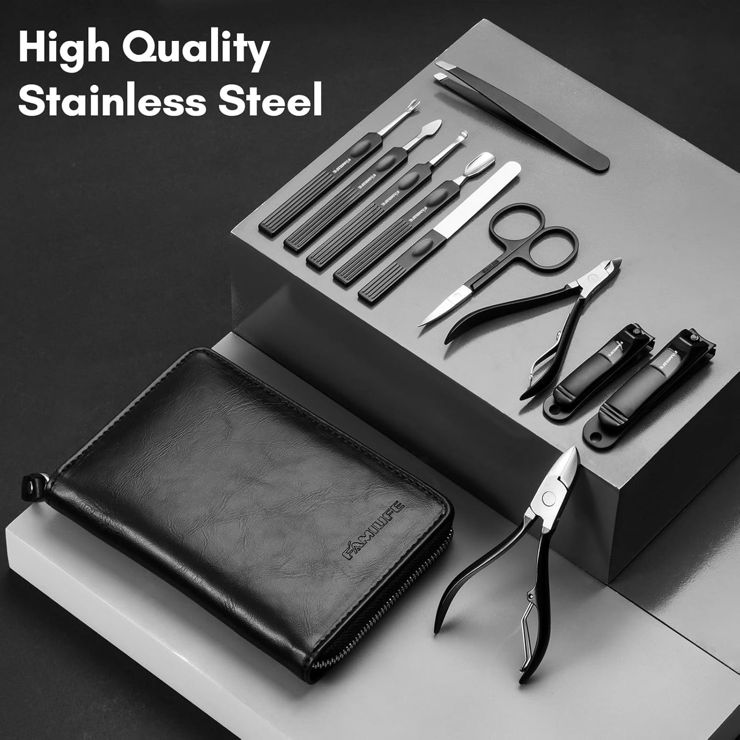 FAMILIFE Professional Manicure Set, Manicure Kit, Nail Clippers Set, 11 in 1 Stainless Steel Black Pedicure Tool, Nail Kit with Portable Leather Travel Case Luxury Gifts