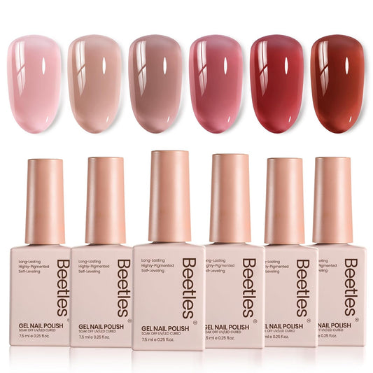 Beetles Jelly Gel Nail Polish Set - 6 Colors Neutral Fall Gel Polish Kit Nude Pink Red Brown Sheer Gel Translucent Effect Soak Off UV DIY Manicure French Nail Art Salon Gift for Girls Women | alldaygood beauty