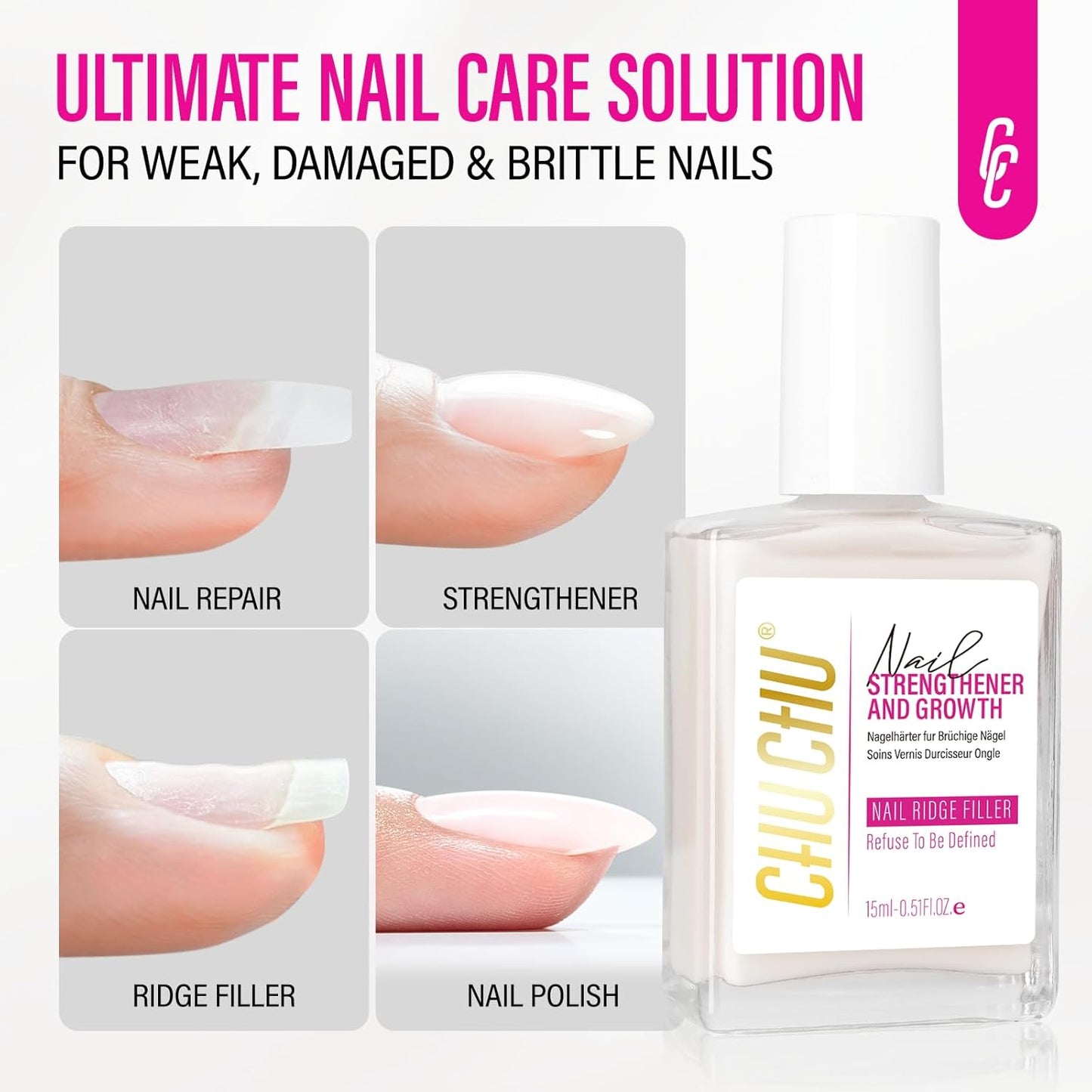 CHUCHU Nail Repair for Women: 15ML Milky White Nail Strengthener Hardener Extra Strong and Growth - Protein Ridge Filler Polish for Beginners Home Salon Gift