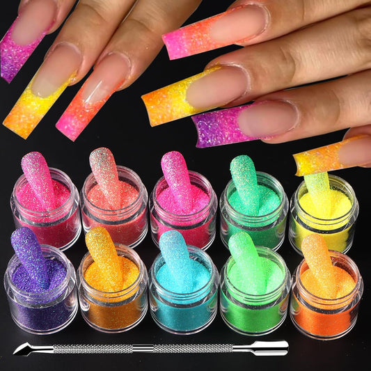 10 Bottle Shimmer Sugar Glitter Powder for Nails,Colorful Candy Coat Effect Iridescent Nail Dipping Powder Pigment, Fluorescent Chrome Dust and Stainless Steel Cuticle Pusher for DIY Manicure Decor | alldaygood beauty