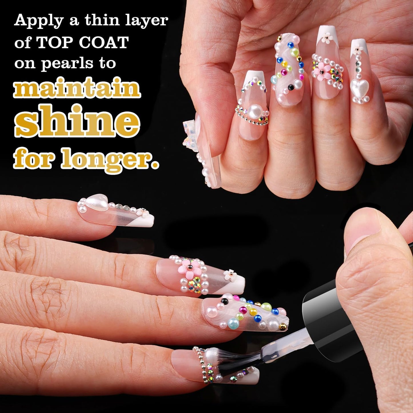 Rhinestones for Nails & Pearls, Manicure Kit, 2-5mm Flat Back Glass Crystal AB + Transparent Clear Gemstones, 2-6mm Beige Half Round Pearls, Gems for Nail Art with Pickup & Dotting Tools