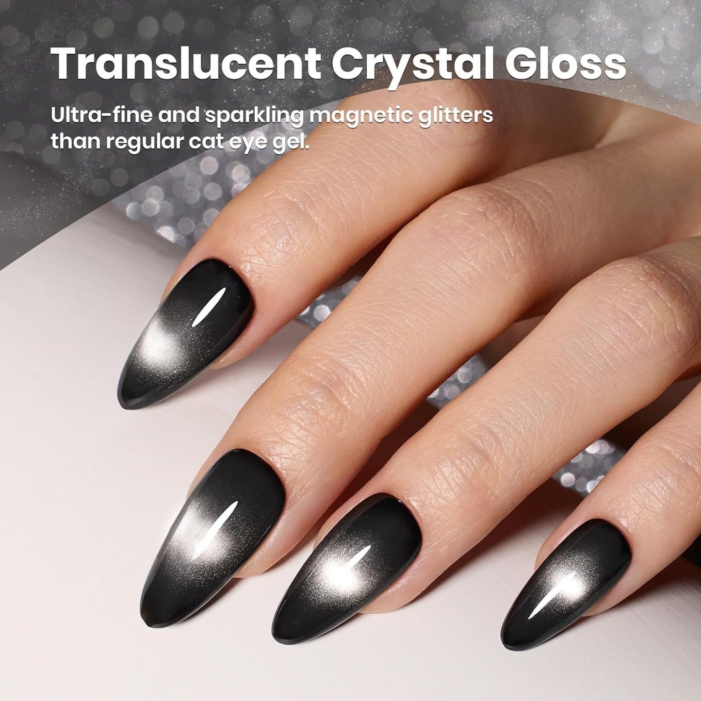 Beetles Black Cat Eye Gel Polish, 15ML Black Glass Cat Eye Glitter Gel Polish with Magnet Shimmer Translucent Sheer Color Soak Off UV Midnight Sands Series French Nail Art Dsign Gift for Women