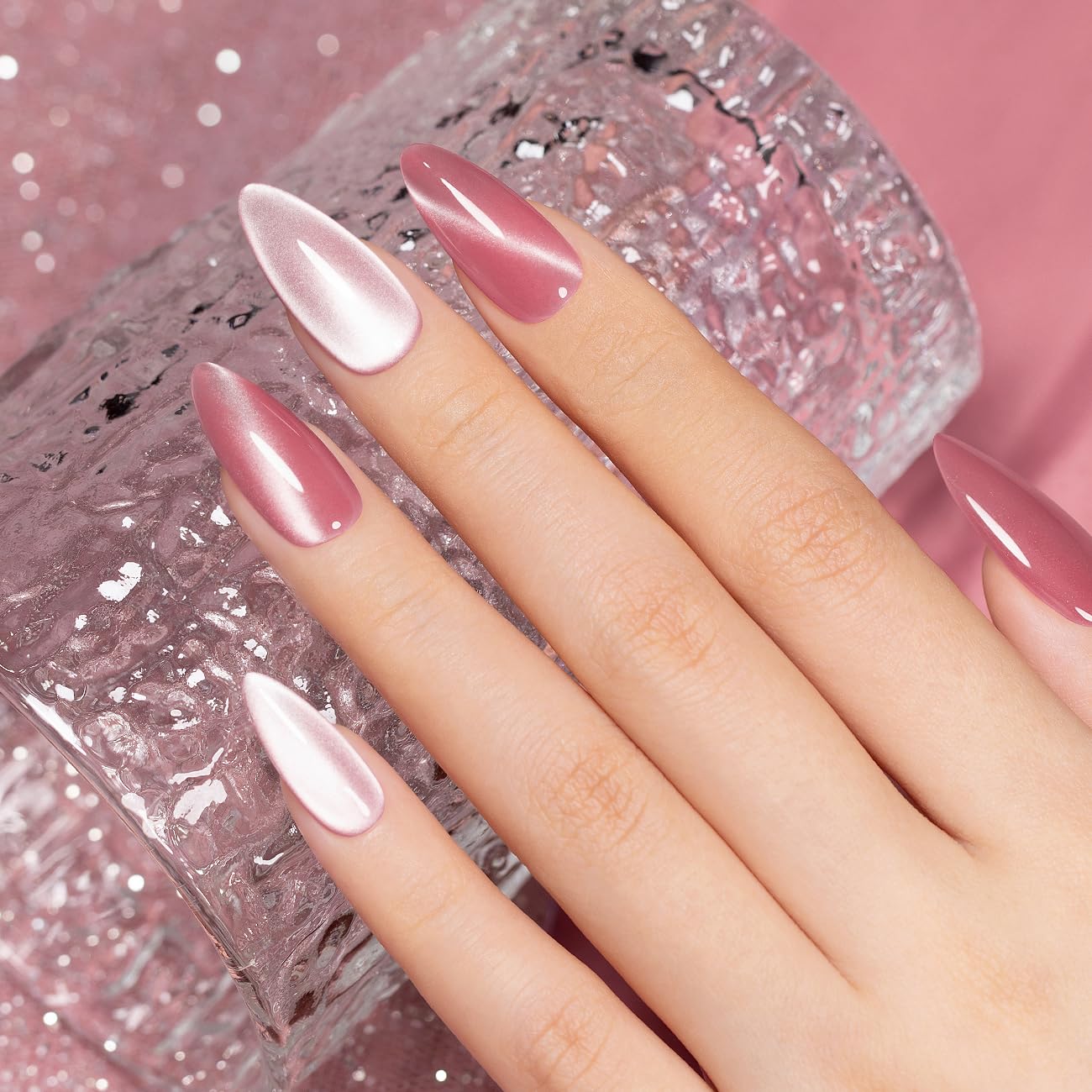 RARJSM Moonlight Cat Eye Gel Polish Blush Jelly Rose Pink Silver White Smoothie Glitter 15ml Silky Shimmer Velvet Mirror Cateye Gel Nail Polish with Magnetic Stick UV LED Curing Require Soak Off