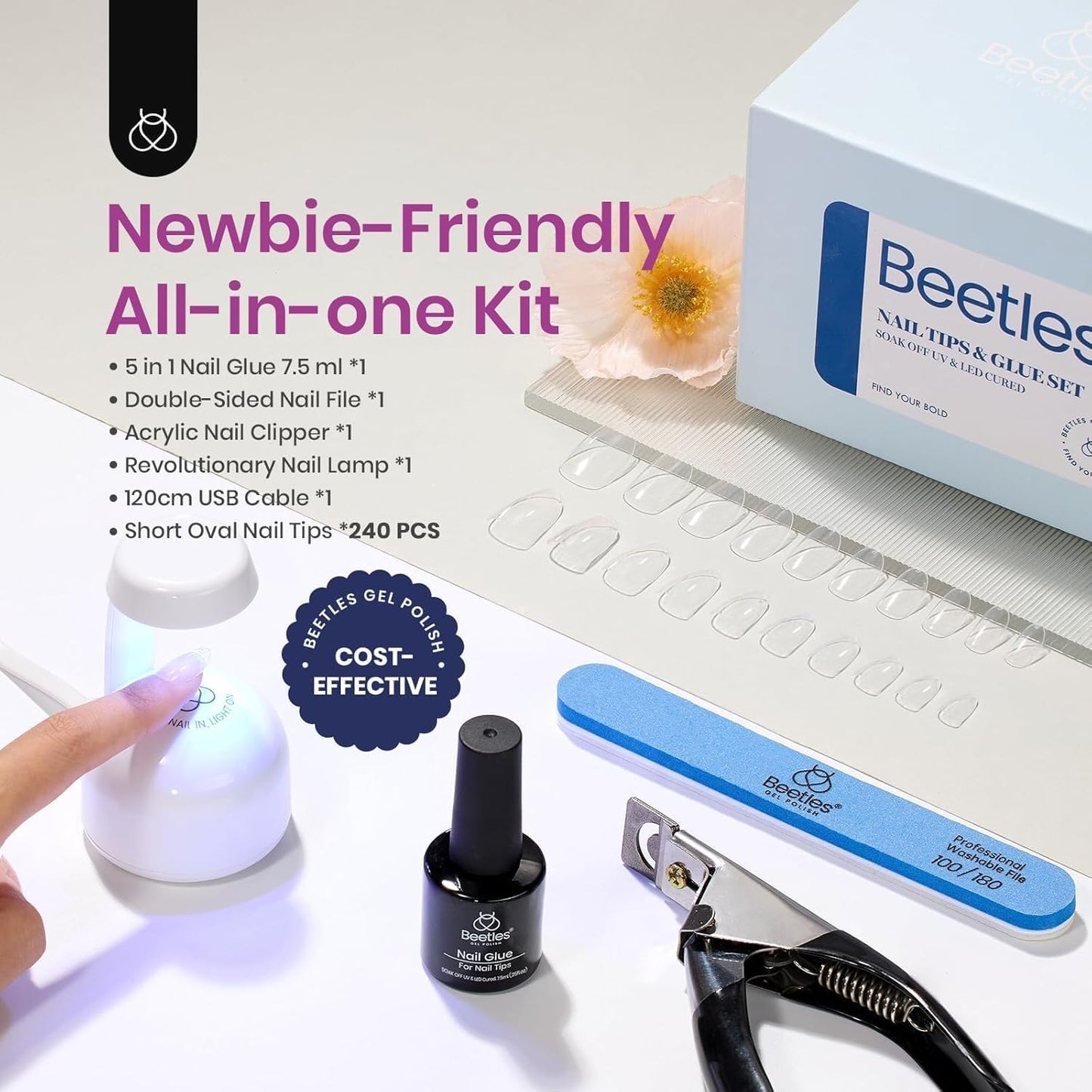 Beetles Nail Tips 240 Pcs Short Oval Nail Kit 5 In 1 Nail Glue Base Gel Uv Led Lamp Press on Nails Easy Nail Extension Set for Women