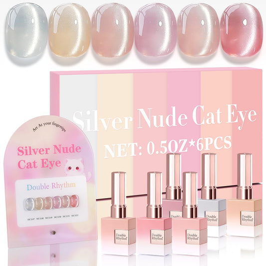 Double Rhythm Cat Eye Gel Nail Polish Set of 6 Same Color Same Bottle 0.5 Oz Shimmer Glitter with Magnet Holographic Reflective Magnetic UV Nail Polish Kit at Home (Silver Nude Pink-T6-27) | alldaygood beauty