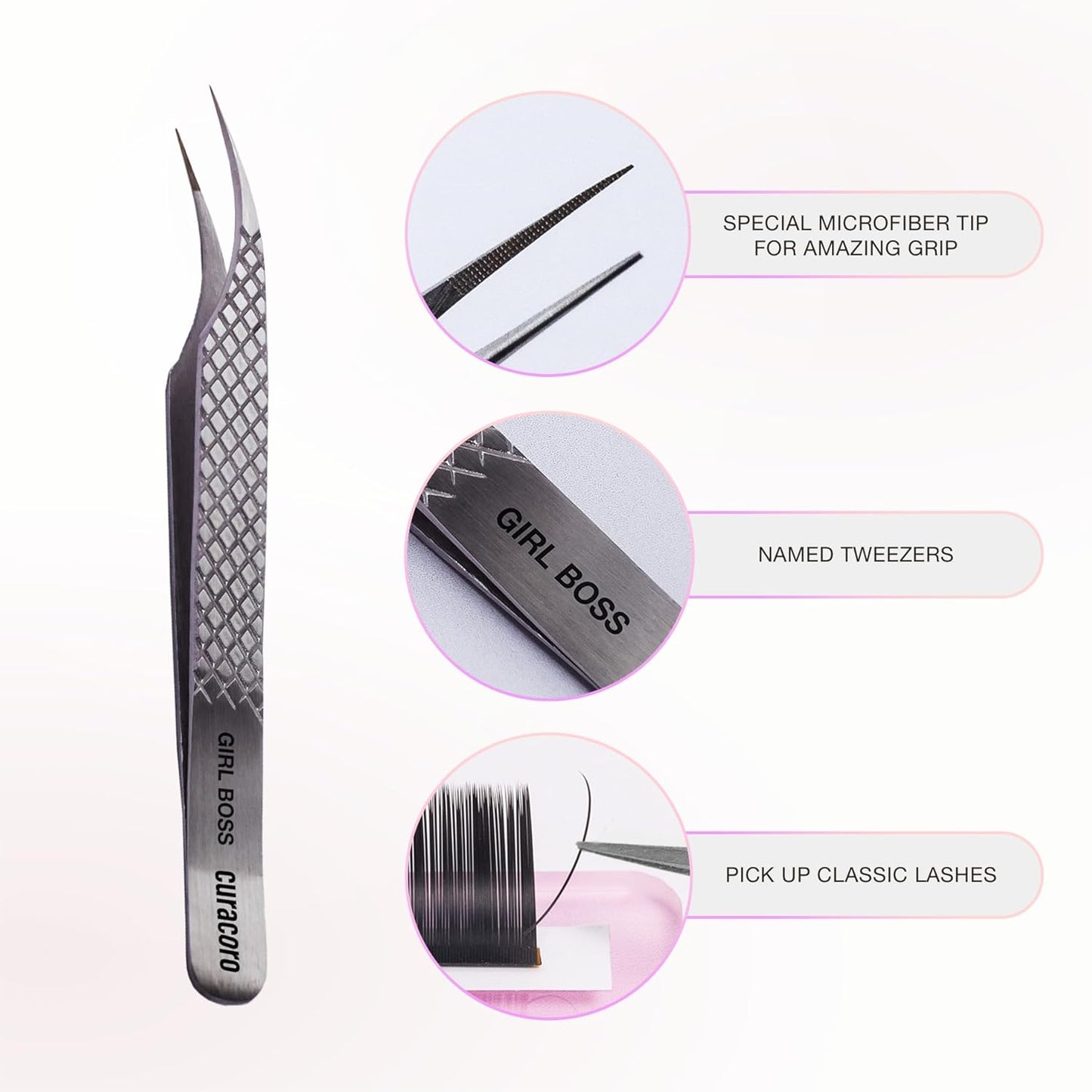 Curacoro Lash Tweezer - Professional & Precision Fiber Tip Grip Lash Tweezers for Eyelash Extensions, Multi Shapes & Purposes Tweezers for Volume, Isolation & Classic Lashes (Silver, Girl Boss)