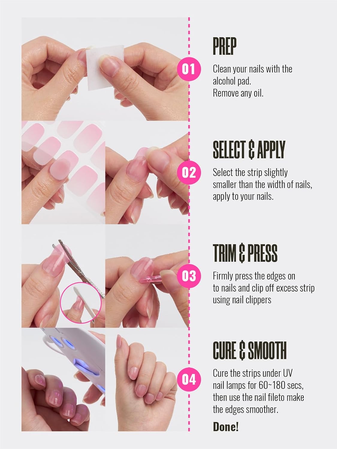 Semi Cured Gel Nail Strips, 30pcs Gel Nail Wraps, 2 Weeks Long Lasting Ice Age, Smile Bomb