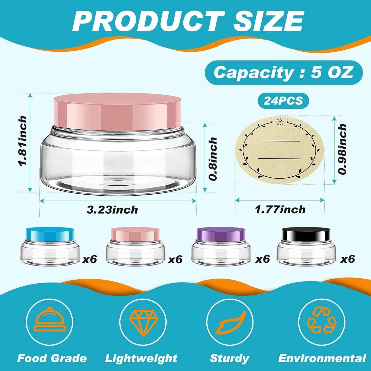 Tessco 24 Pack Plastic Jars with Lids Labels Empty Clear Plastic Jars Round Refillable Cosmetic Containers Body Butter Containers Bulk Sugar Scrub Bottle for Make Up(5 oz,Multicolor)