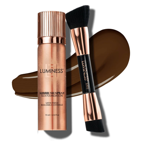 LUMINESS Silk Airbrush Spray Foundation & Buffing Brush Kit – Full Coverage Foundation & Dual-Sided Buffing Brush - Buildable Coverage, Anti-Aging Formula Hydrates & Moisturizes (Shade - Deep Rich) | alldaygood beauty