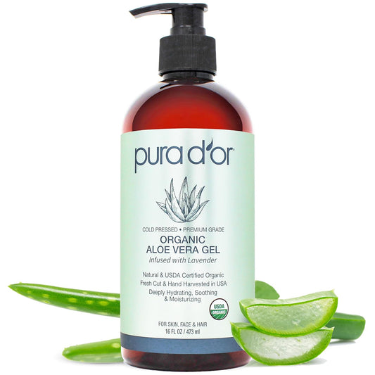 PURA D'OR 16 Oz ORGANIC Aloe Vera Gel - Lavender - All Natural - ZERO Artificial Preservatives - Deeply Hydrating & Moisturizing - Sunburn, Bug Bites, Rashes, Small Cuts, Eczema Relief - Skin & Hair | alldaygood beauty