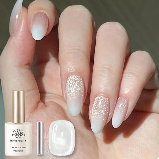 BORN PRETTY Cat Magnetic Eye Gel Nail Polish, Milky White Cat Glitter Cat Magnetic Gel Nail Polish, Holographic Magnetic Nail Polish for Nail Art Manicure Salon DIY at Home 15ML | alldaygood beauty