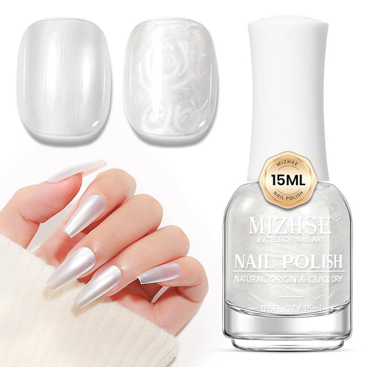 MIZHSE Nail Polish: 15Ml Mermaid Pearl Nail Polish Aurora Milky White Effect Nail Polish, Fingernail and Toenail Polish Glossy Long Lasting Nail Polish Trendy DIY at Home Nail Gift Spree | alldaygood beauty