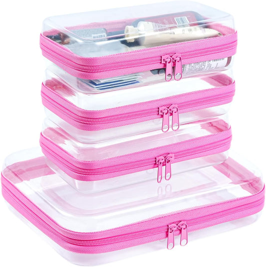 4 pcs Clear Zipper Pouches, Hard Shell Zipper Case, Makeup Organizer Travel Toiletry bag, Diaper Bag, Travel Organizer, Clear Cosmetic Bag,Toy Storage Bins (M+3S Pink)