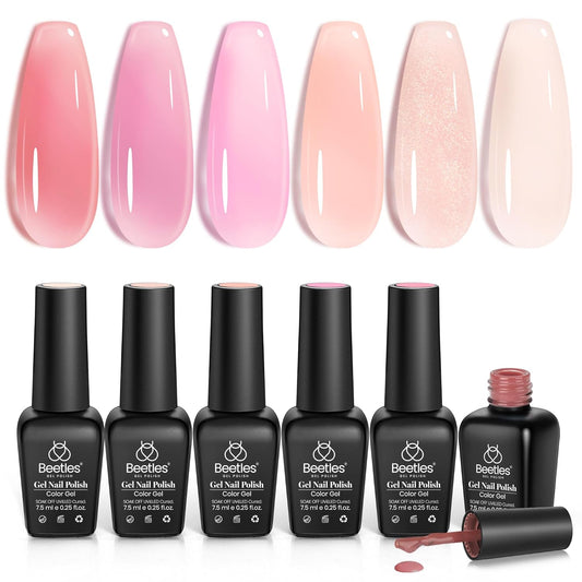 Beetles Jelly Gel Nail Polish Set, 6 Colors Jelly Nude Pink Gel Polish Kit Neutral Sheer Shimmer Glitter Translucent Effect Soak off Uv Nail Concealer DIY Manicure Spring Summer Gift for Women | alldaygood beauty