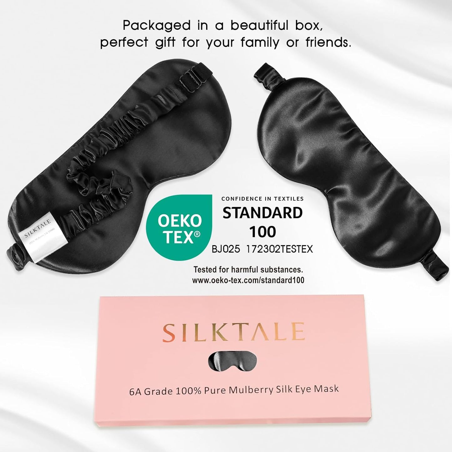 100% Mulberry Silk Eye Mask for Sleeping with Silk Wrapped Adjustable Strap,Black