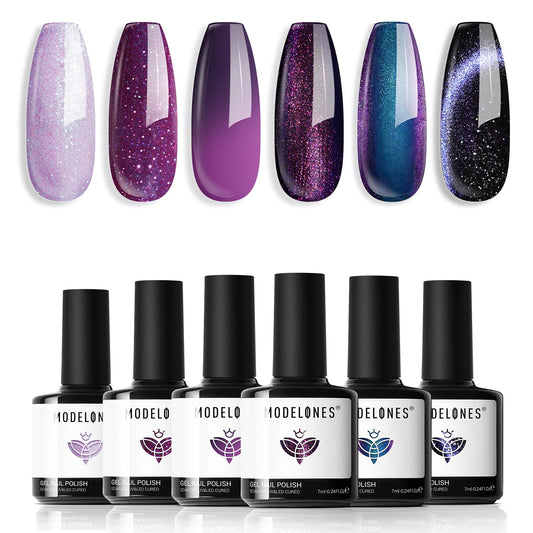 modelones Gel Nail Polish Set, 6 Colors Fall Winter Purple-Red/Black/Blue Sparkle Chameleon Glitter Gel Polish Purple-Black Color Changing 9D Cat Eye Nail Polish With Magnet LED Nail Art DIY Gift | alldaygood beauty