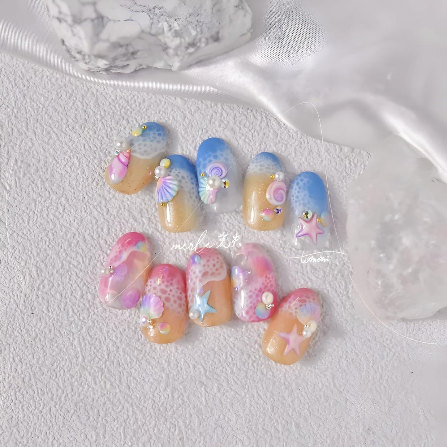 2 Sheets Starfish Nail Stickers - 5D Embossed Self-Adhesive Decals for Summer Nail Art - Colorful Beach Shell Design Supplies Decoration for Women and Girls